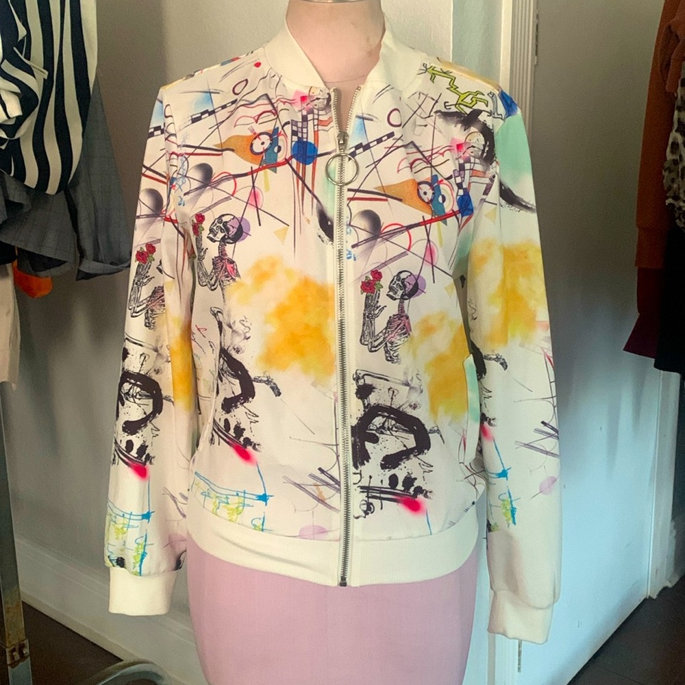 GRAFFITI PRINT ZIP UP BOMBER JACKET